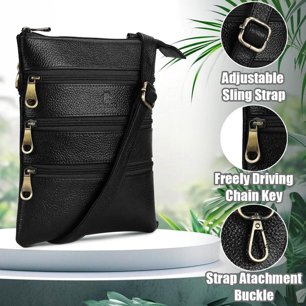 POGAGO Genuine Cow Leather Crossbody Sling Bag for Men – Premium Multi-Zip Leather Shoulder Messenger Bag with Adjustable Strap, Everyday Travel Organizer
