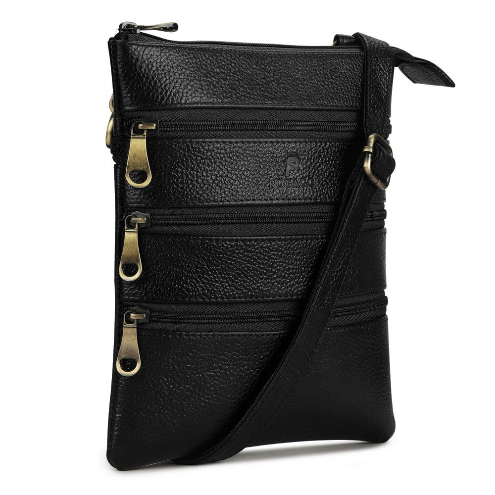 POGAGO Genuine Cow Leather Crossbody Sling Bag for Men – Premium Multi-Zip Leather Shoulder Messenger Bag with Adjustable Strap, Everyday Travel Organizer