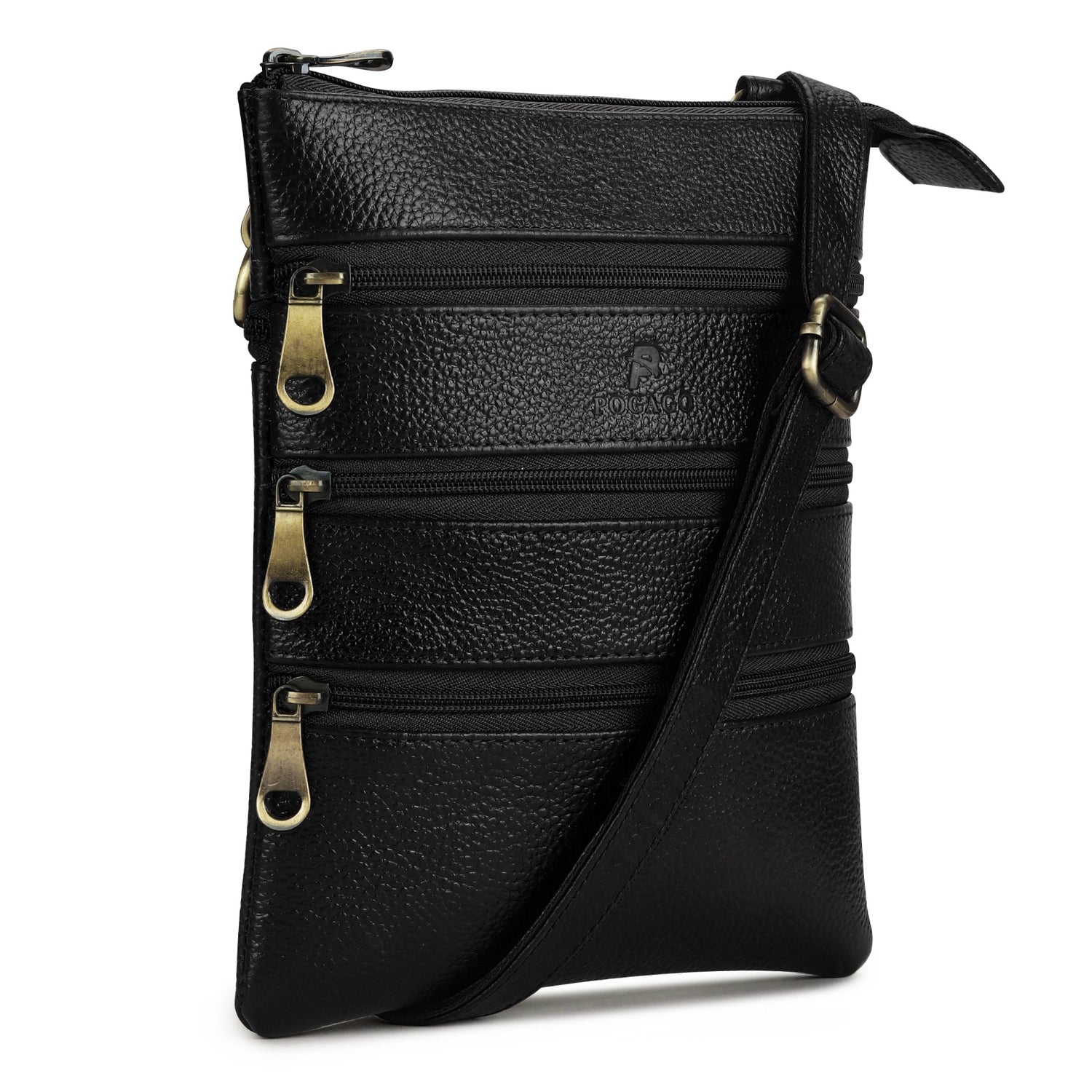 POGAGO Genuine Cow Leather Crossbody Sling Bag for Men – Premium Multi-Zip Leather Shoulder Messenger Bag with Adjustable Strap, Everyday Travel Organizer