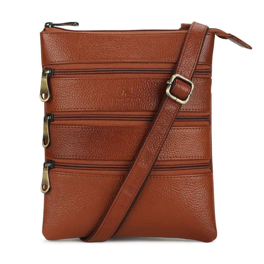 POGAGO Genuine Cow Leather Crossbody Sling Bag for Men – Premium Multi-Zip Leather Shoulder Messenger Bag with Adjustable Strap, Everyday Travel Organizer