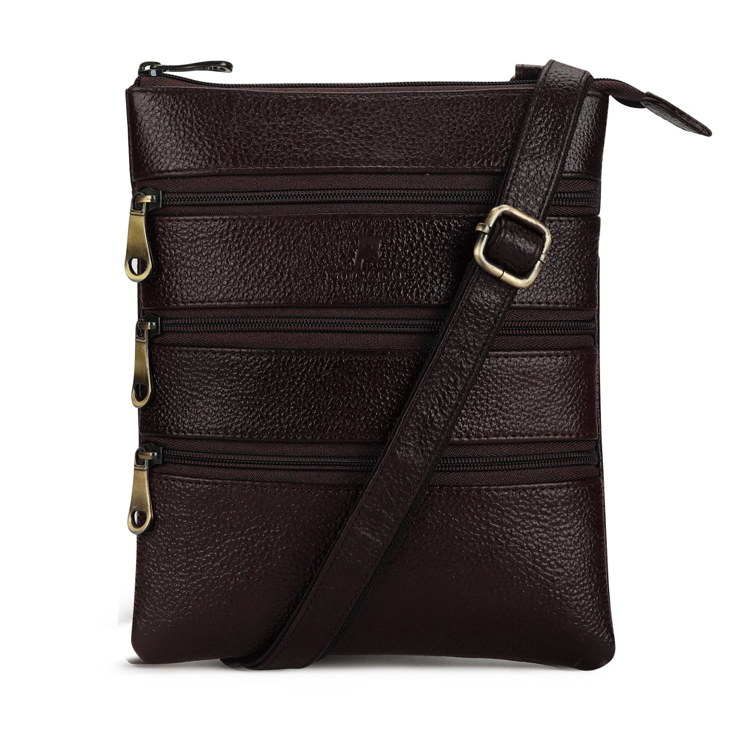 POGAGO Genuine Cow Leather Crossbody Sling Bag for Men – Premium Multi-Zip Leather Shoulder Messenger Bag with Adjustable Strap, Everyday Travel Organizer
