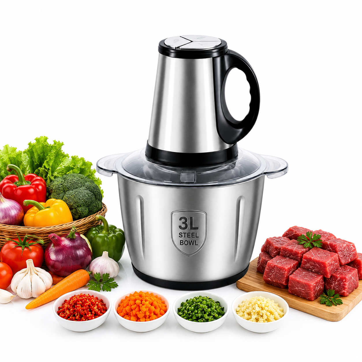 Electric Food Chopper Stainless Steel Meat Grinder & Vegetable Cutter | Multi-Function Kitchen Processor 3L