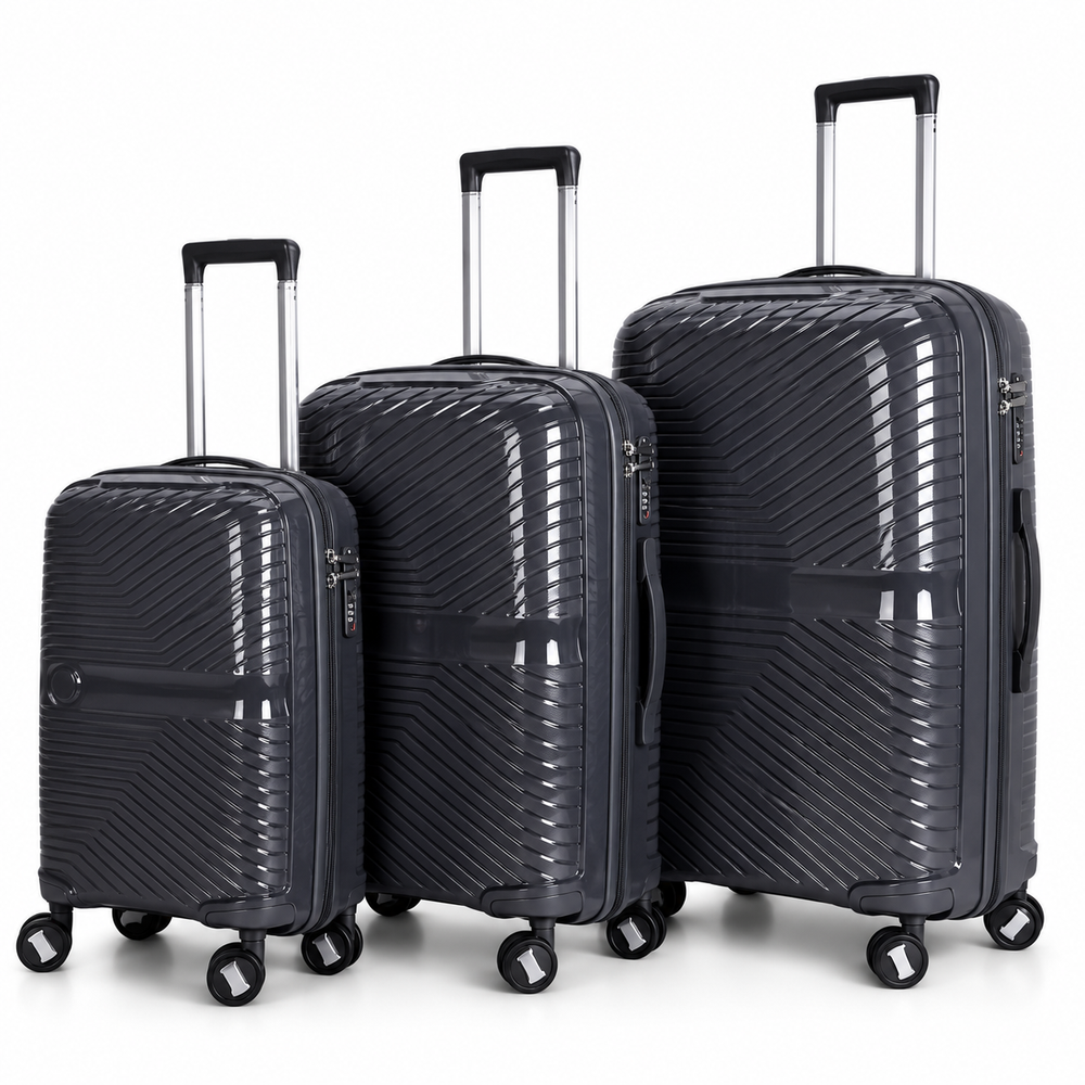 3-Piece PP Unbreakable Luggage Set – Lightweight Hard Shell Suitcase with Anti-Theft Security Zipper, 360° Spinner Wheels, Telescopic Handle, Durable Travel Trolley Luggage for Business & Family Travel