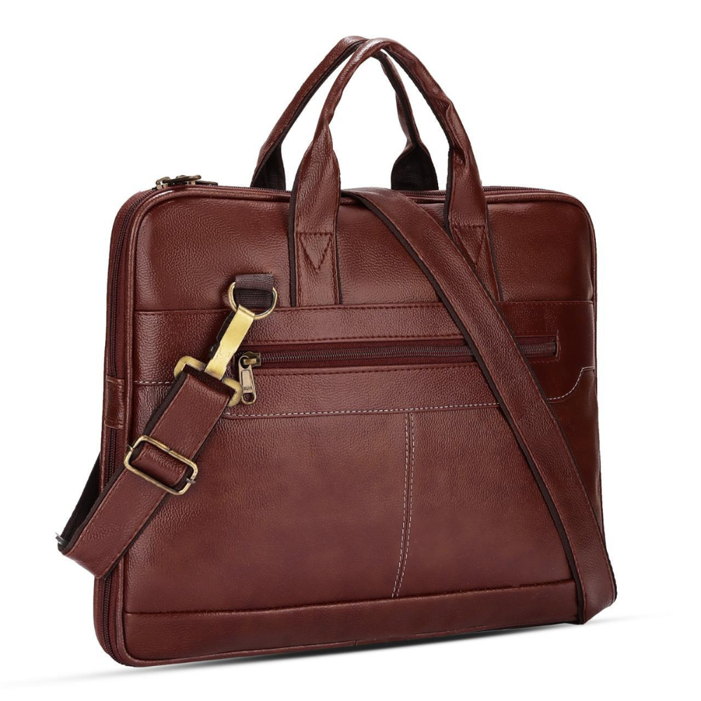 POGAGO Expandable PU Leather Laptop Briefcase for 14-Inch Laptop – Business Messenger Bag with Shoulder Strap, Waterproof Office Handbag for Men & Women