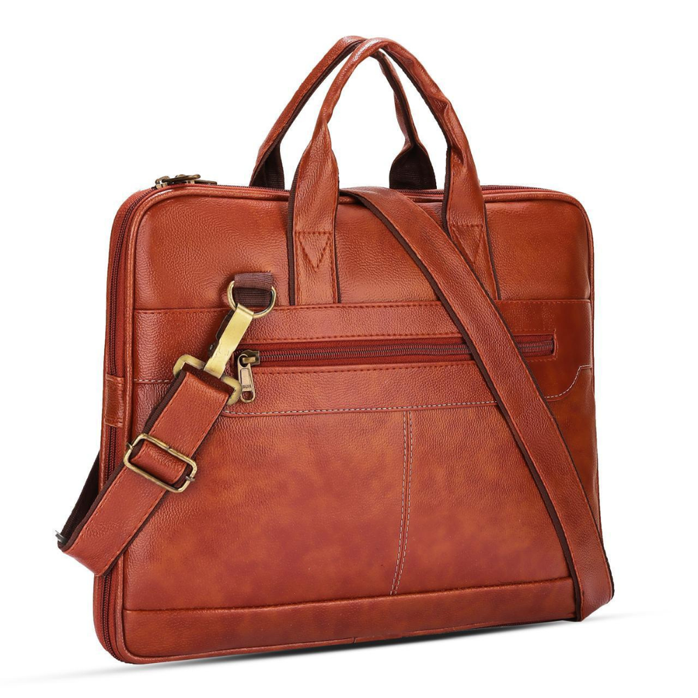 POGAGO Expandable PU Leather Laptop Briefcase for 14-Inch Laptop – Business Messenger Bag with Shoulder Strap, Waterproof Office Handbag for Men & Women