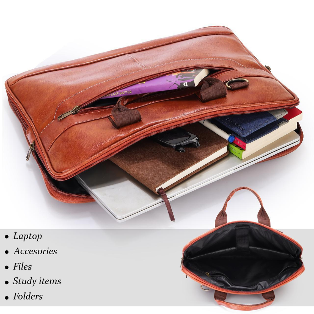 POGAGO Expandable PU Leather Laptop Briefcase for 14-Inch Laptop – Business Messenger Bag with Shoulder Strap, Waterproof Office Handbag for Men & Women