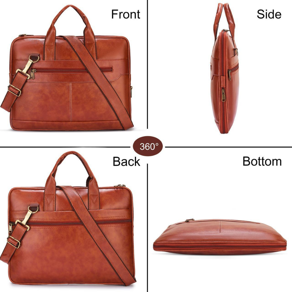 POGAGO Expandable PU Leather Laptop Briefcase for 14-Inch Laptop – Business Messenger Bag with Shoulder Strap, Waterproof Office Handbag for Men & Women