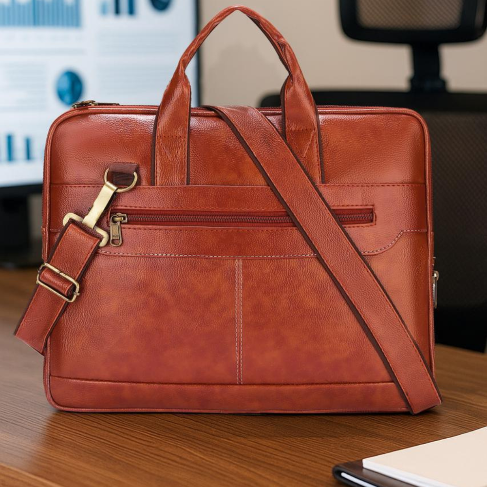 POGAGO Expandable PU Leather Laptop Briefcase for 14-Inch Laptop – Business Messenger Bag with Shoulder Strap, Waterproof Office Handbag for Men & Women