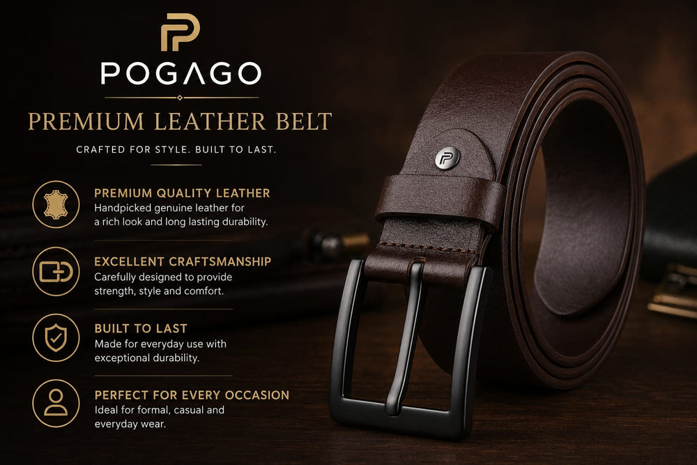 POGAGO Premium Genuine Leather Belt for Men – Classic Pin Buckle Dress Belt, 4mm Thick Leather Strap, 1.5 Inch Width, Adjustable Fit, Formal & Casual Belt for Office, Business, Jeans & Trousers