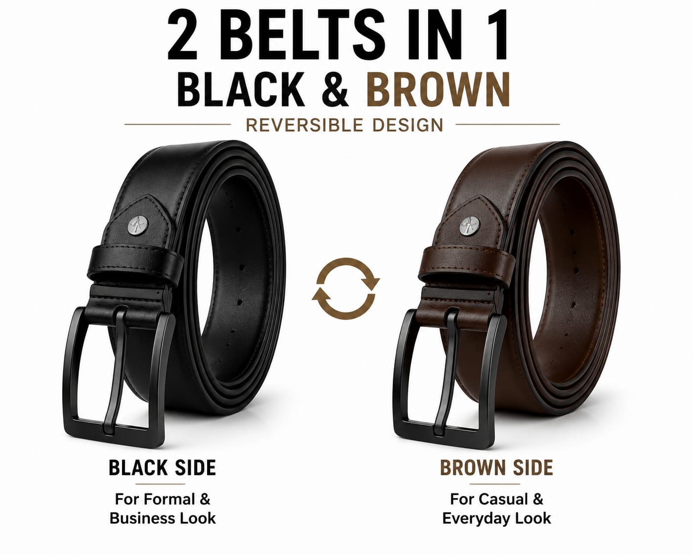 POGAGO Premium Reversible Genuine Leather Belt for Men – Double Sided Black & Brown Belt with Rotating Pin Buckle | Formal & Casual Dress Belt