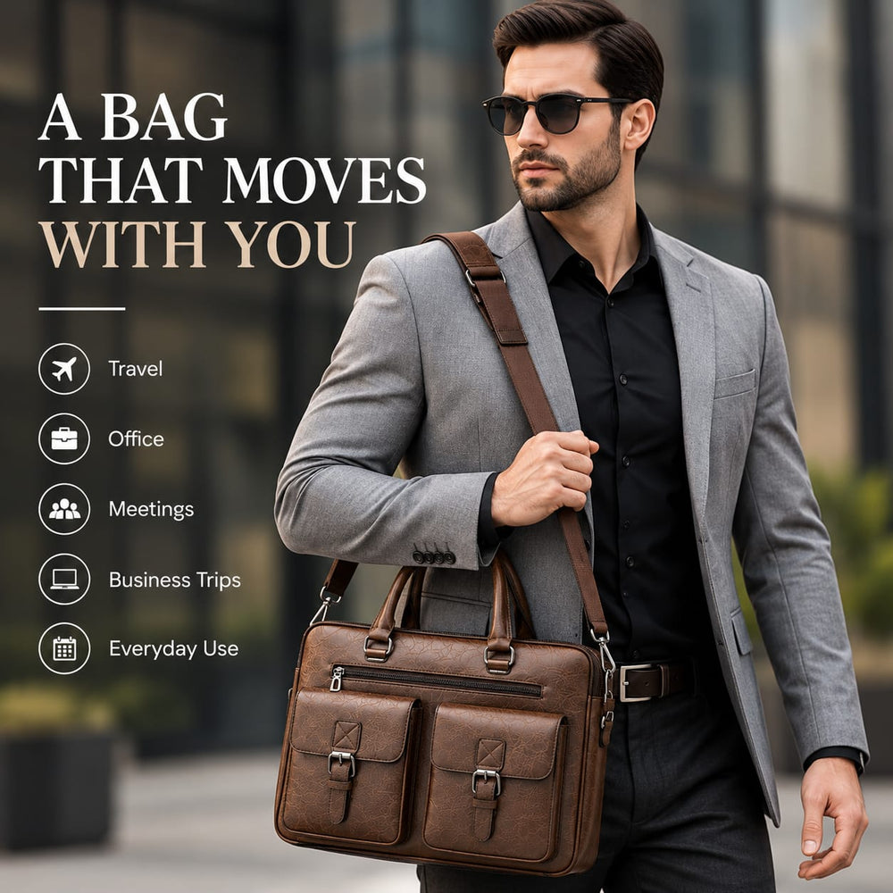 Men's PU Leather Laptop Briefcase – Professional Business Work Bag with Multiple Compartments, Front Pockets & Adjustable Shoulder Strap