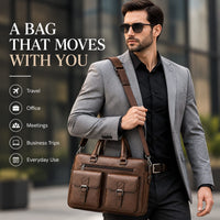 Men's PU Leather Laptop Briefcase – Professional Business Work Bag with Multiple Compartments, Front Pockets & Adjustable Shoulder Strap