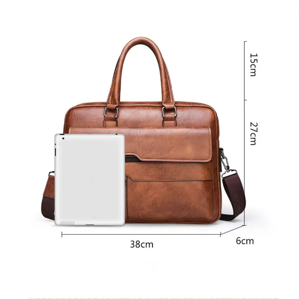 Men's PU Leather Laptop Briefcase Bag – Professional Business Work Bag with Multiple Compartments, Front Zipper Pockets & Adjustable Shoulder Strap