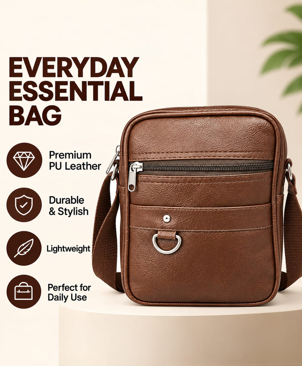 Brown men's PU leather crossbody messenger bag with multiple zipper pockets and adjustable shoulder strap