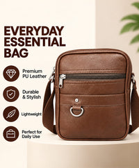 Brown men's PU leather crossbody messenger bag with multiple zipper pockets and adjustable shoulder strap