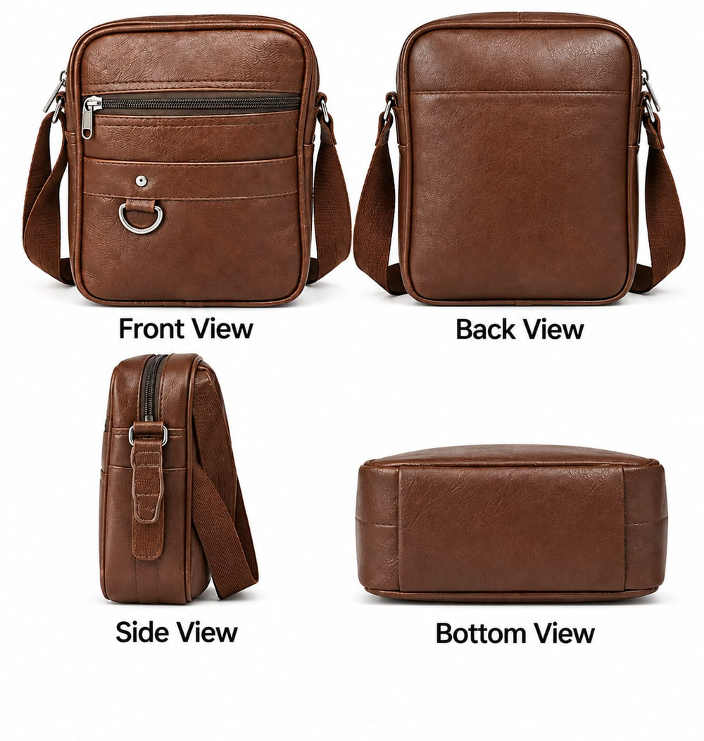POGAGO Men's PU Leather Crossbody Messenger Bag – Compact Shoulder Bag with Multiple Zipper Pockets