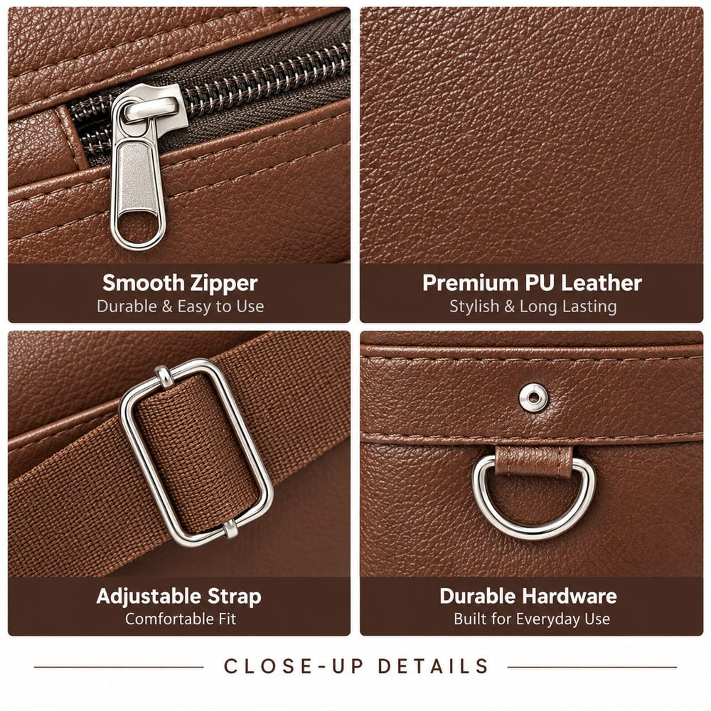 POGAGO Men's PU Leather Crossbody Messenger Bag – Compact Shoulder Bag with Multiple Zipper Pockets