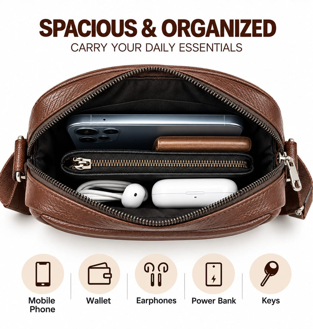 POGAGO Men's PU Leather Crossbody Messenger Bag – Compact Shoulder Bag with Multiple Zipper Pockets