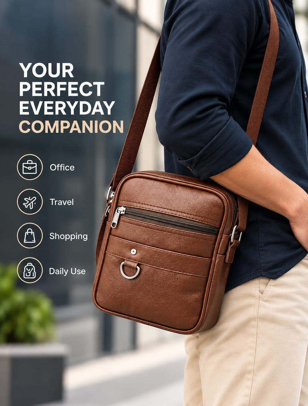 POGAGO Men's PU Leather Crossbody Messenger Bag – Compact Shoulder Bag with Multiple Zipper Pockets
