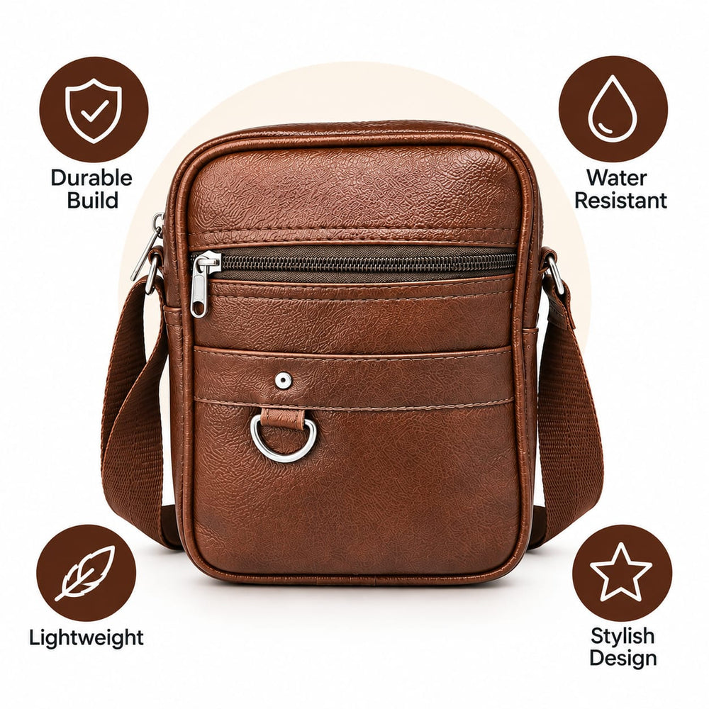 POGAGO Men's PU Leather Crossbody Messenger Bag – Compact Shoulder Bag with Multiple Zipper Pockets