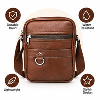 POGAGO Men's PU Leather Crossbody Messenger Bag – Compact Shoulder Bag with Multiple Zipper Pockets