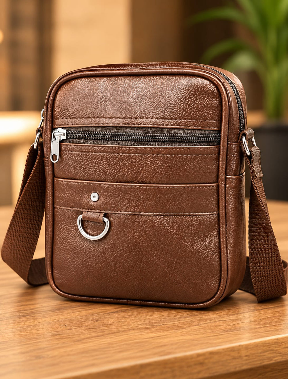 POGAGO Men's PU Leather Crossbody Messenger Bag – Compact Shoulder Bag with Multiple Zipper Pockets