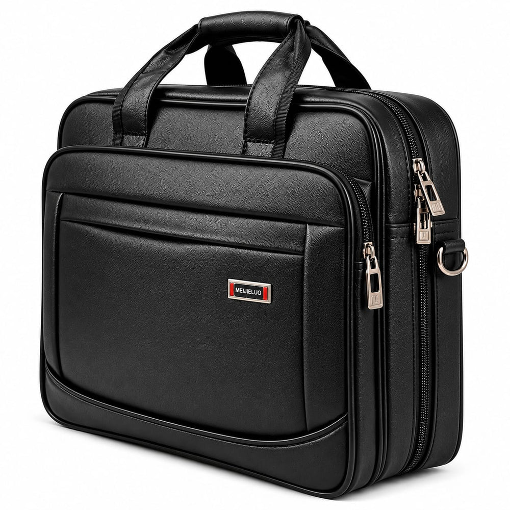 Premium black laptop bag for men with textured finish and multiple zipper compartments
