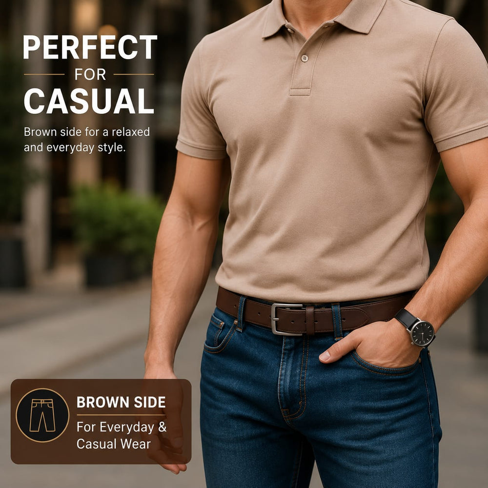 POGAGO Premium Reversible Genuine Leather Belt for Men – Double Sided Black & Brown Belt with Rotating Pin Buckle | Formal & Casual Dress Belt