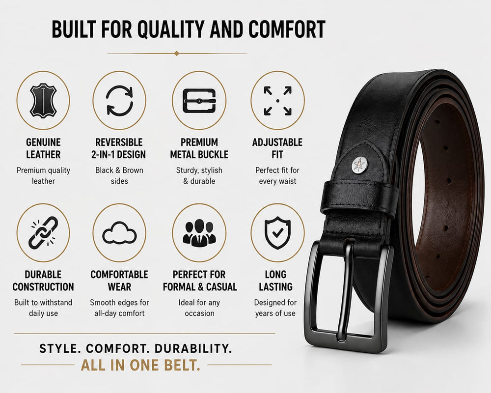 POGAGO Premium Reversible Genuine Leather Belt for Men – Double Sided Black & Brown Belt with Rotating Pin Buckle | Formal & Casual Dress Belt