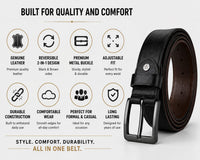 POGAGO Premium Reversible Genuine Leather Belt for Men – Double Sided Black & Brown Belt with Rotating Pin Buckle | Formal & Casual Dress Belt