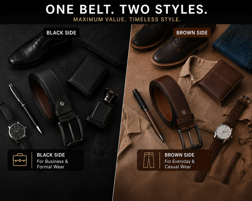 POGAGO Premium Reversible Genuine Leather Belt for Men – Double Sided Black & Brown Belt with Rotating Pin Buckle | Formal & Casual Dress Belt
