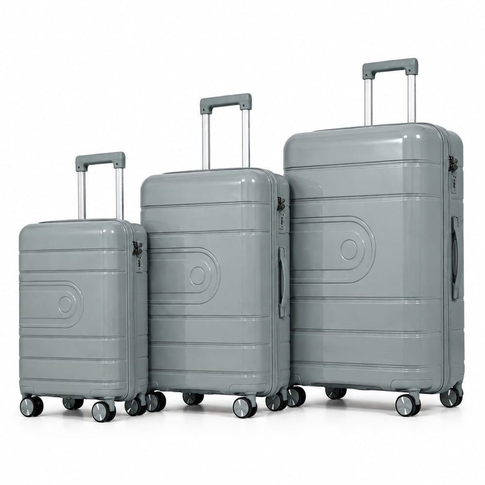 3-piece PP hard-shell luggage set with 20", 24" and 28" suitcases, 360° spinner wheels and telescopic handles.