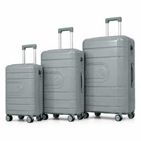3-piece PP hard-shell luggage set with 20", 24" and 28" suitcases, 360° spinner wheels and telescopic handles.