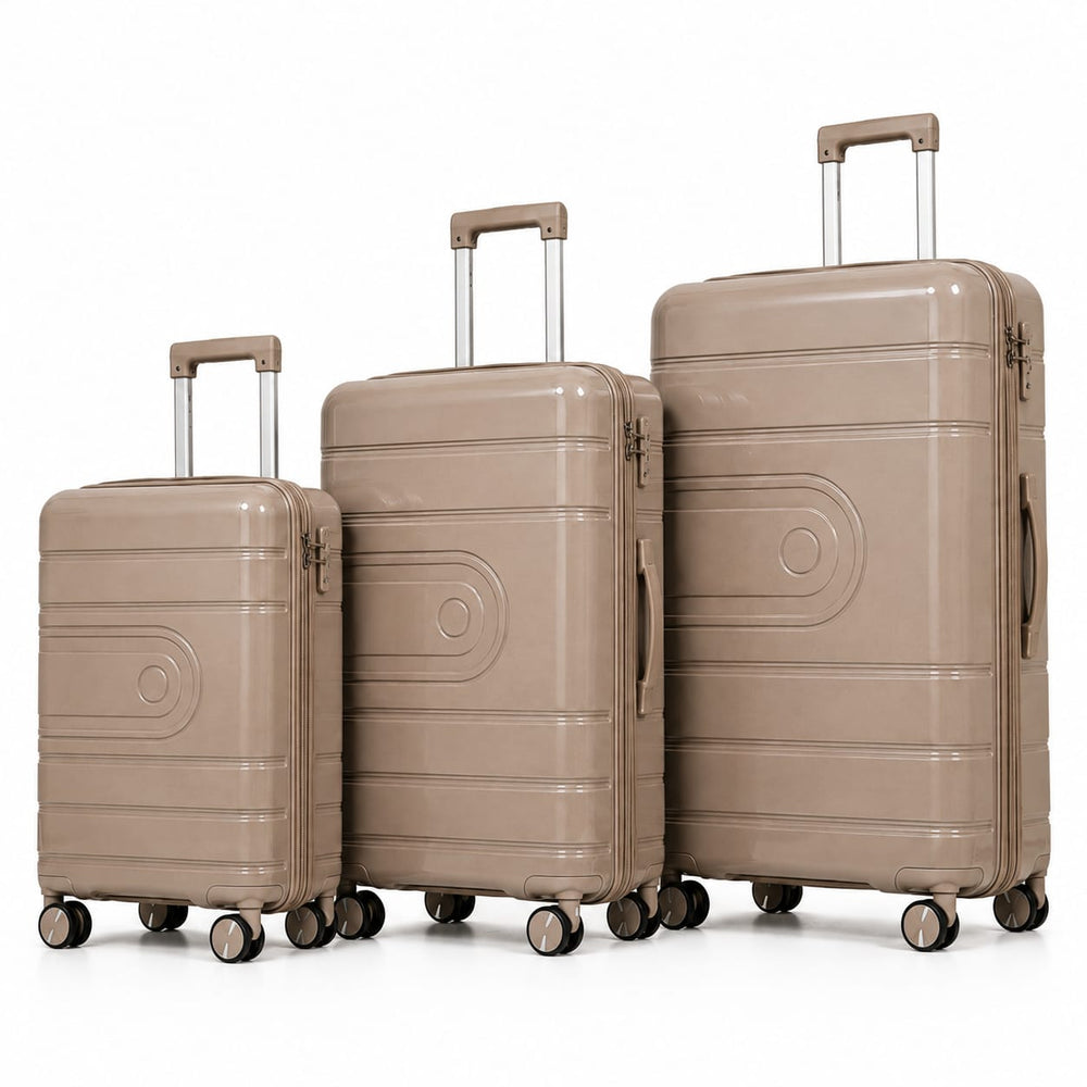 3-piece PP hard-shell luggage set with 20", 24" and 28" suitcases, 360° spinner wheels and telescopic handles.
