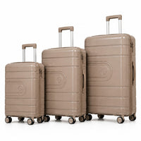 3-piece PP hard-shell luggage set with 20", 24" and 28" suitcases, 360° spinner wheels and telescopic handles.