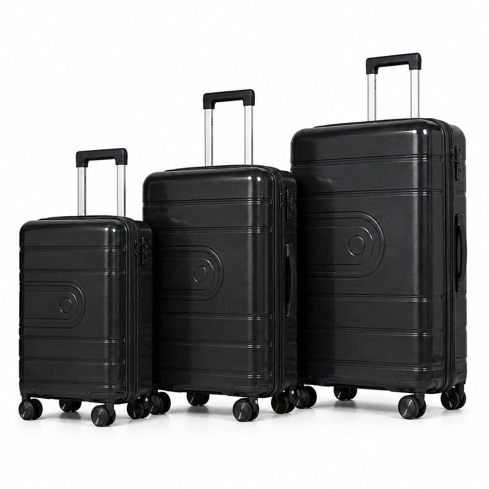 3-piece PP hard-shell luggage set with 20", 24" and 28" suitcases, 360° spinner wheels and telescopic handles.