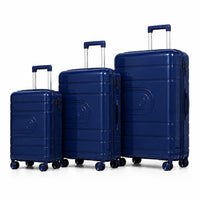 3-piece PP hard-shell luggage set with 20", 24" and 28" suitcases, 360° spinner wheels and telescopic handles.