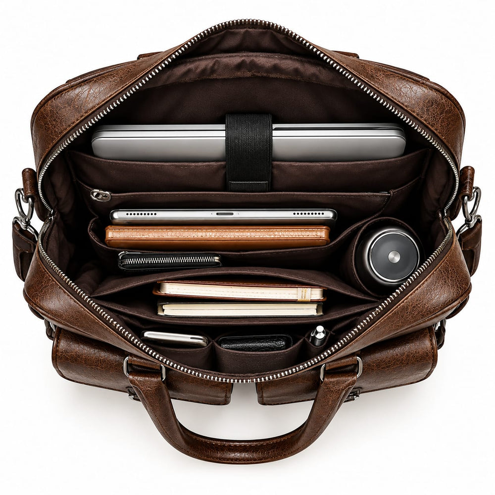 Men's PU Leather Laptop Briefcase – Professional Business Work Bag with Multiple Compartments, Front Pockets & Adjustable Shoulder Strap