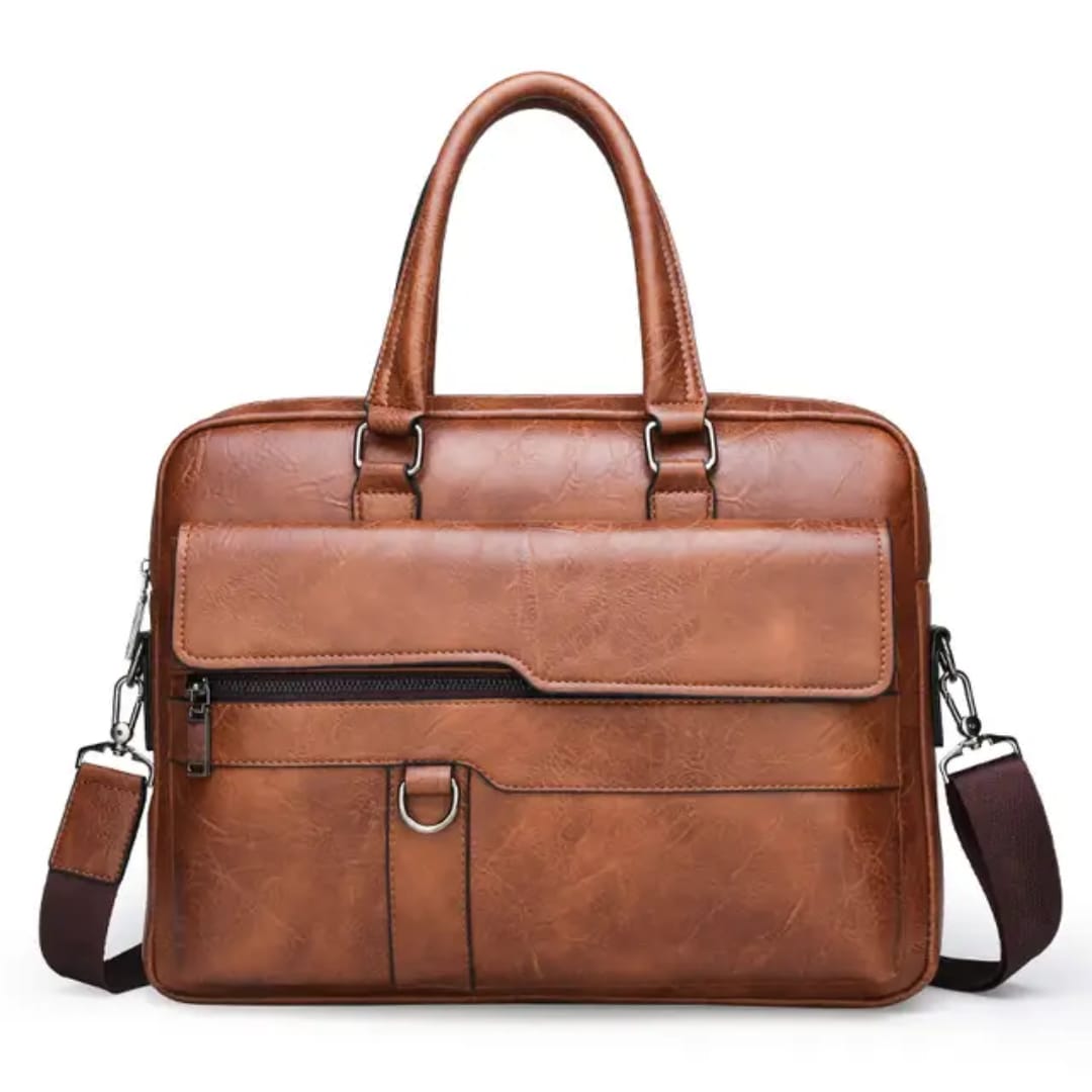 Men's PU Leather Laptop Briefcase Bag – Professional Business Work Bag with Multiple Compartments, Front Zipper Pockets & Adjustable Shoulder Strap