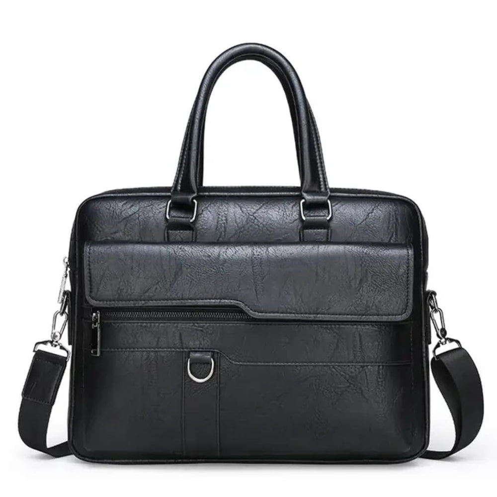 Men's PU Leather Laptop Briefcase Bag – Professional Business Work Bag with Multiple Compartments, Front Zipper Pockets & Adjustable Shoulder Strap