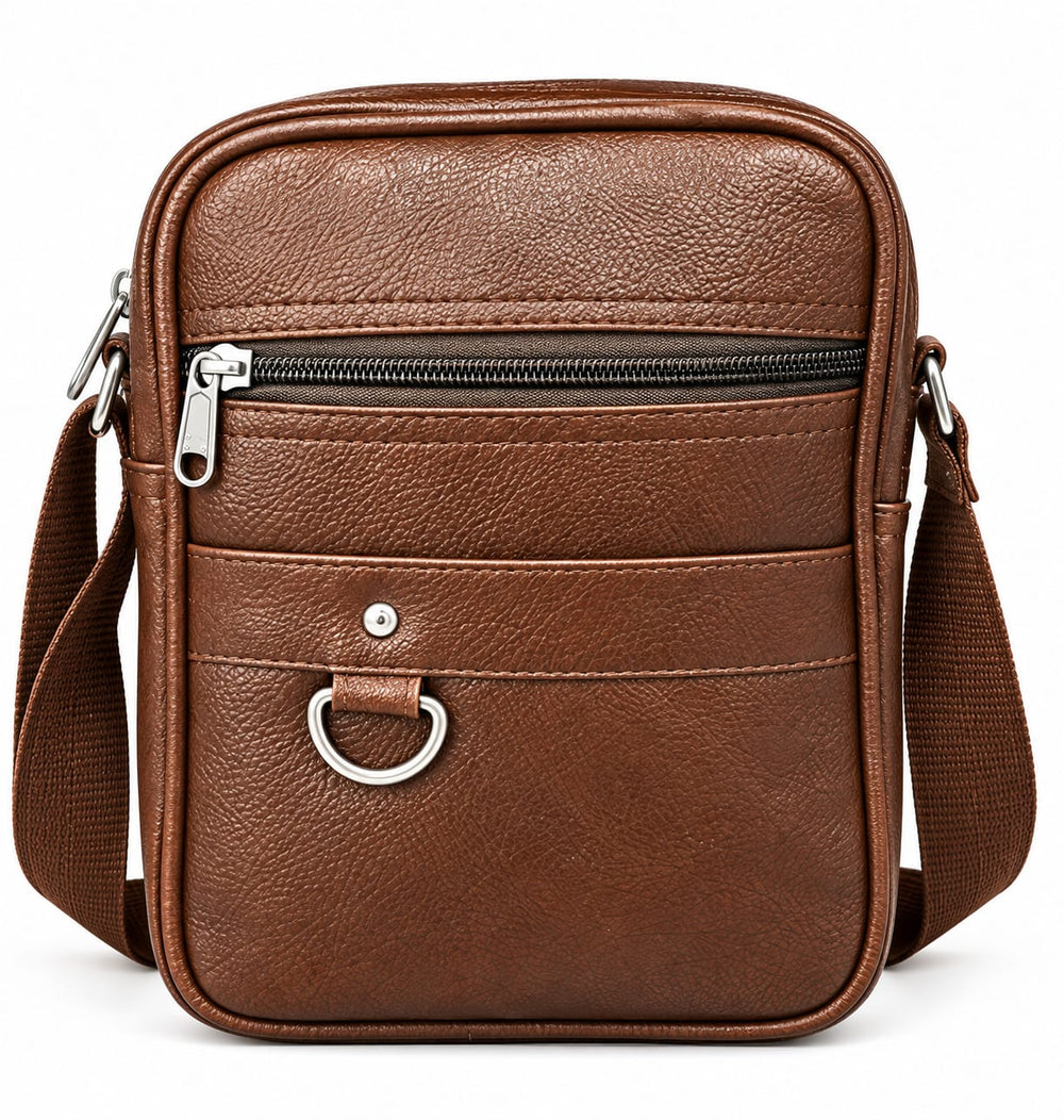 POGAGO Men's PU Leather Crossbody Messenger Bag – Compact Shoulder Bag with Multiple Zipper Pockets