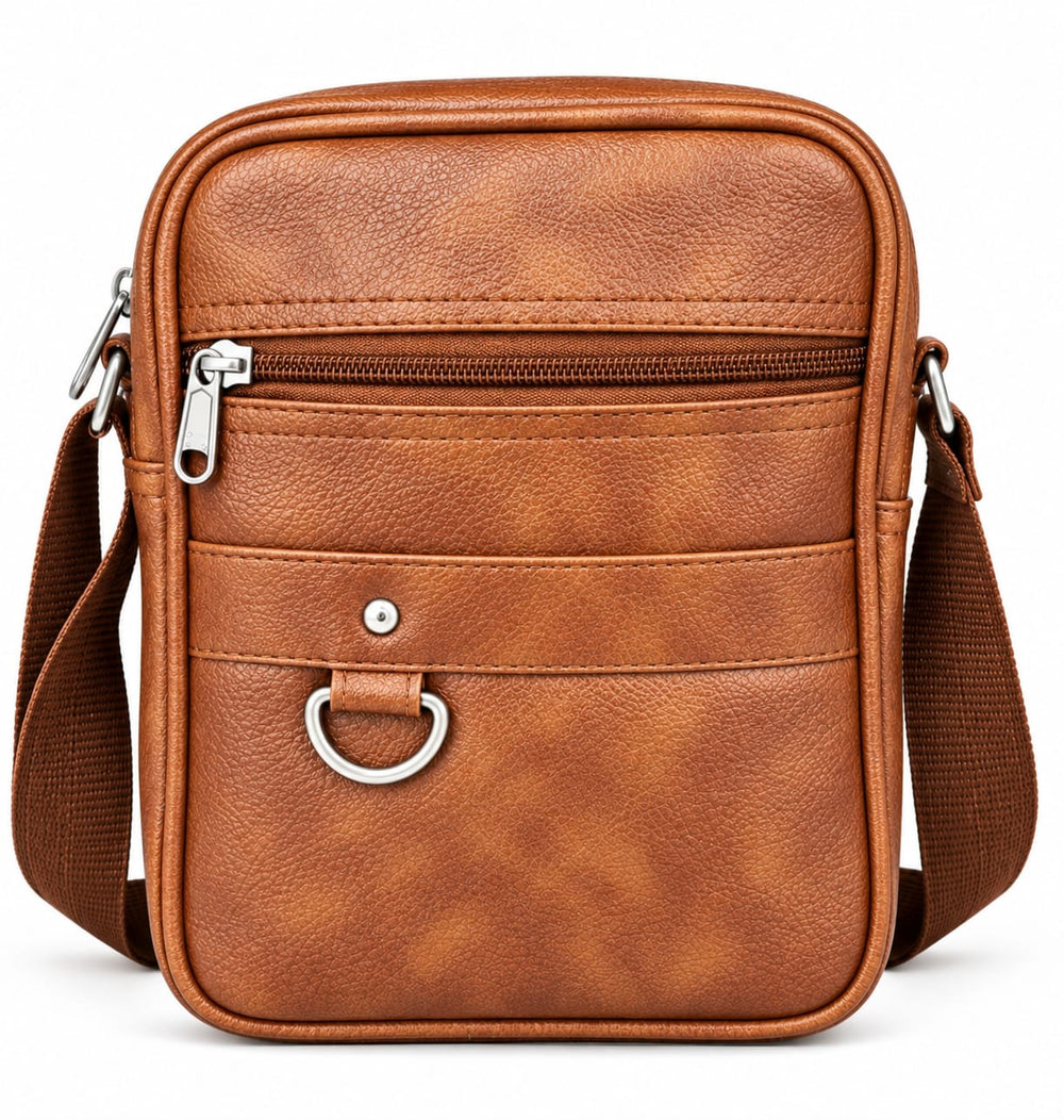 POGAGO Men's PU Leather Crossbody Messenger Bag – Compact Shoulder Bag with Multiple Zipper Pockets