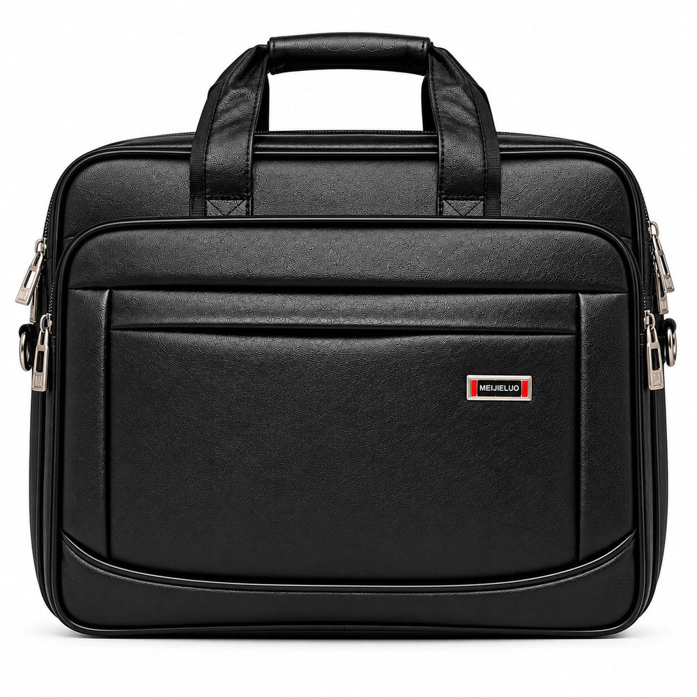 Black laptop bag with front zipper pocket for office and professional use