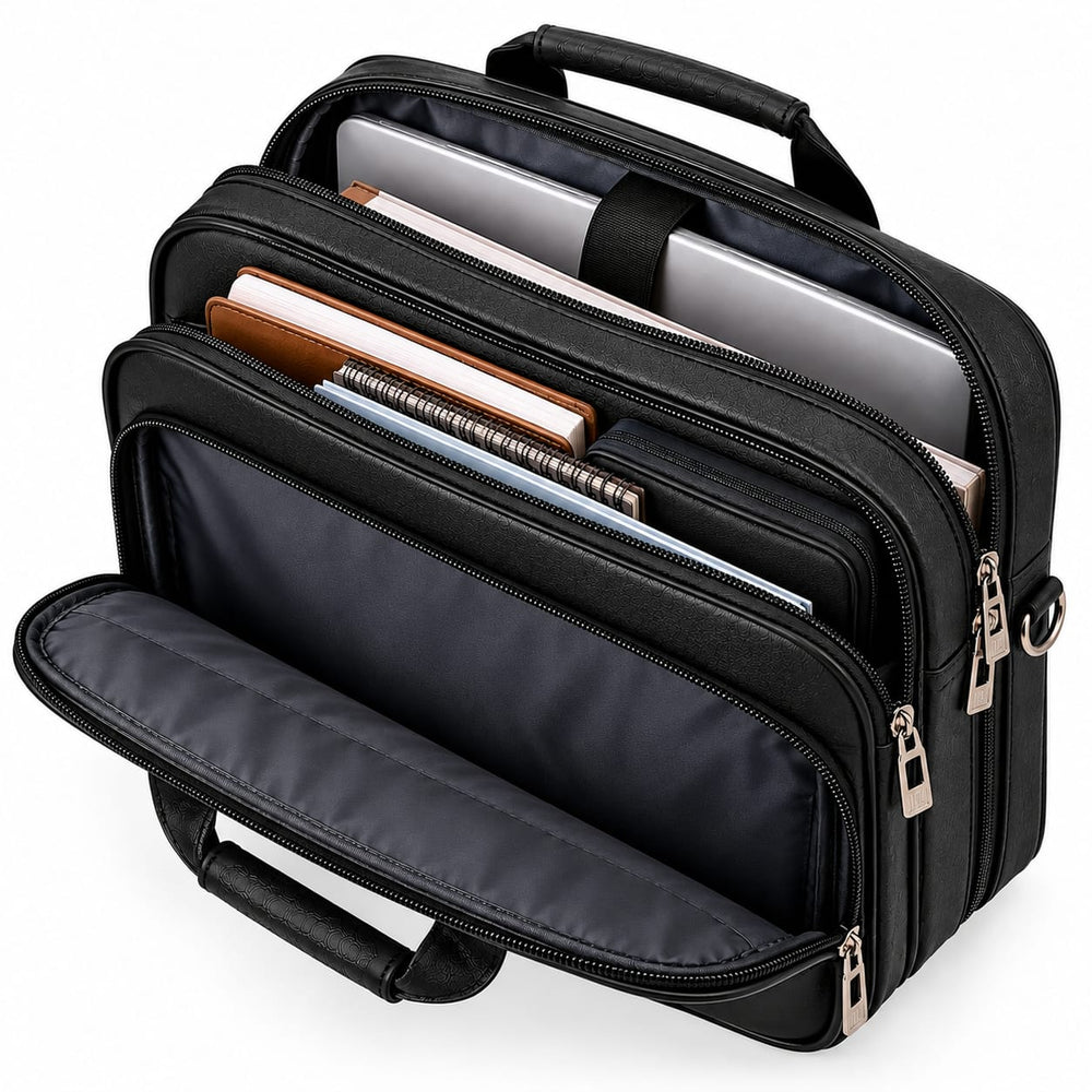 Professional laptop bag showing side depth and multiple zipper compartments