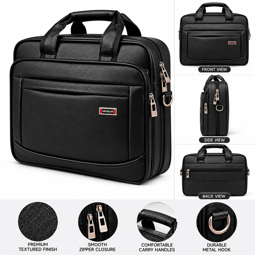 Premium black business briefcase with textured material and detailed stitching